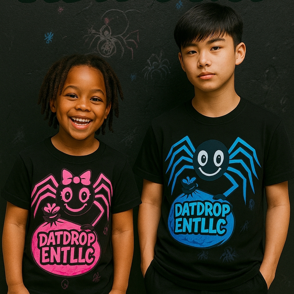 Black T-Shirt with Pink and Blue Spider Design
